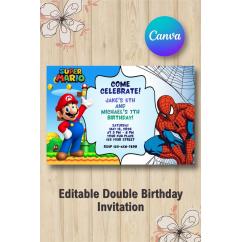 Twin Super Mario and Spiderman Invitation | Canva Template